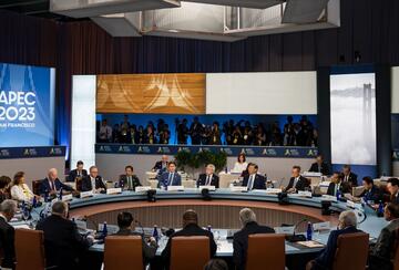 World leaders sit around a table during the APEC 2023 summit in San Francisco. 